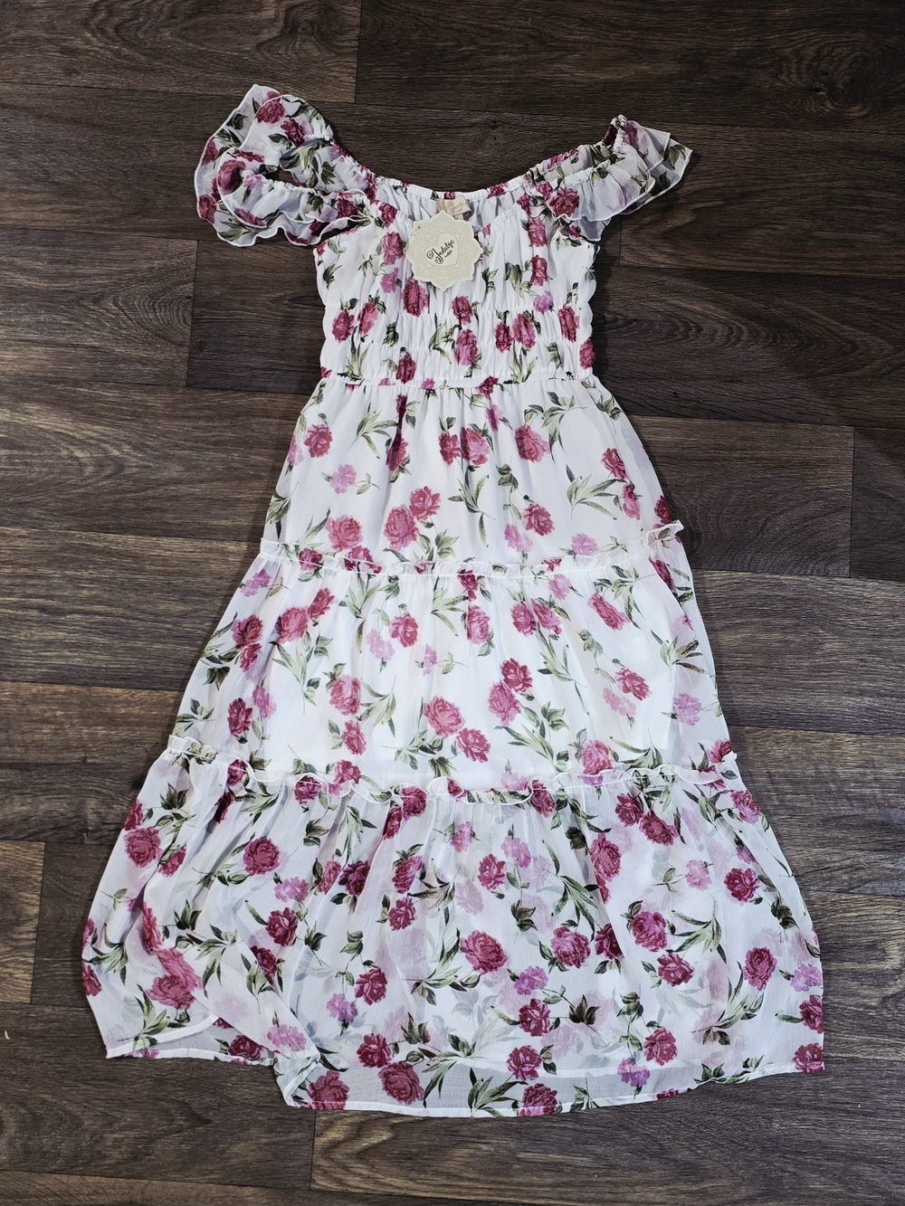 Indulge Women’s Small Floral Maxi Dress Ruffle Sleeve Cottagecore Pink White